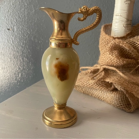 Vintage 1980 Chiseled Brass Onyx Dragon Handle Ewers Cambodia Pitcher Vase Gift - Picture 6 of 10